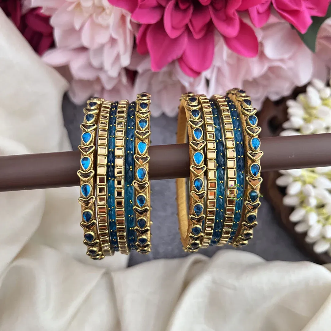Royal Blue Glass Bangle & Gold Heart Traditional Mirror Work Silk Thread Bangle Set
